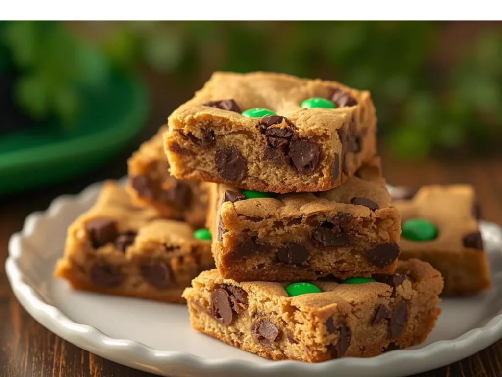 An overhead view of a 9x13 pan filled with St. Patrick’s Day Chocolate Chip Cookie Bars.