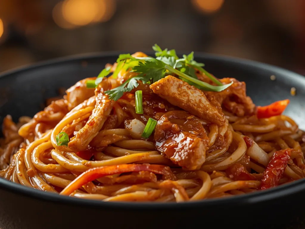 Sweet Chili Chicken Noodles topped with sesame seeds.