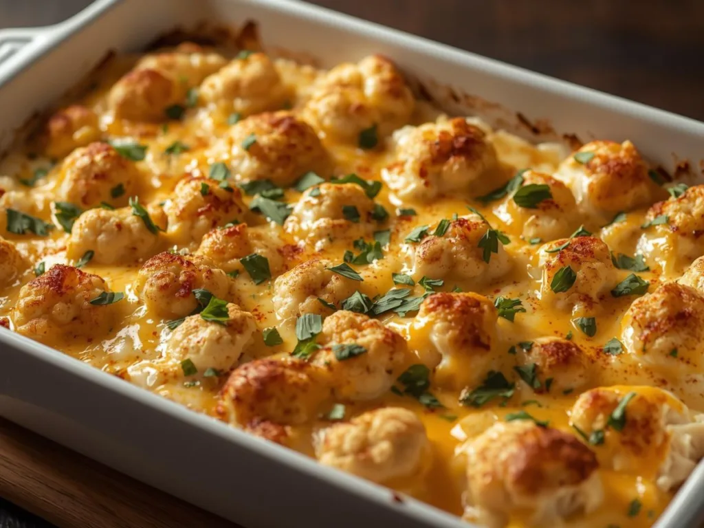 Healthy Chicken Cauliflower Casserole served with a side of green salad.