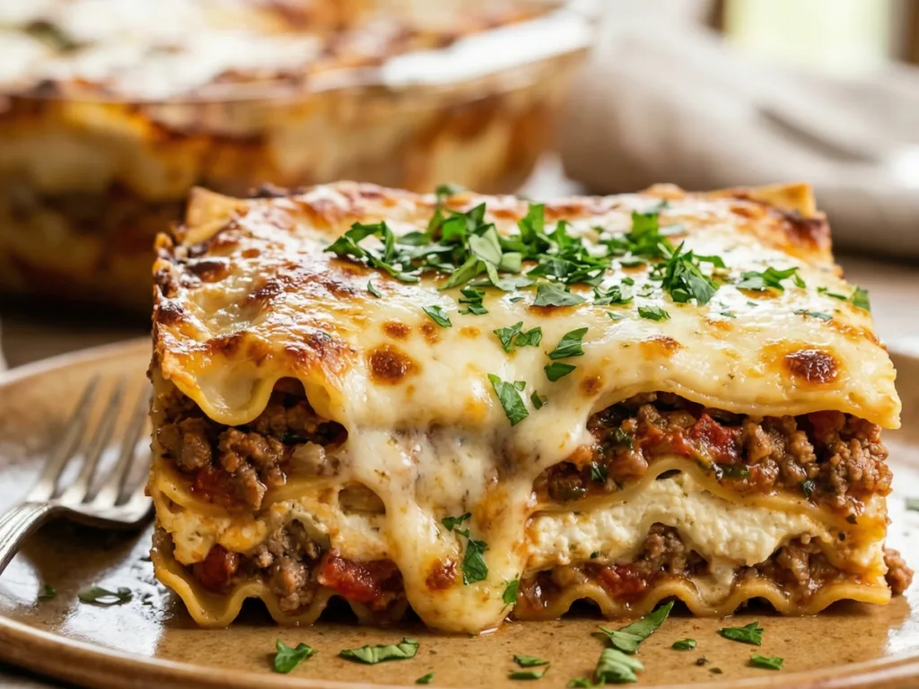 Traditional Italian lasagna recipe homemade with ground beef and herbs.
