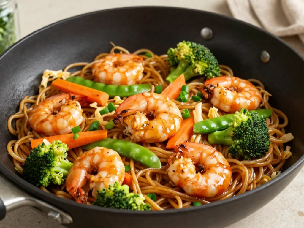 Quick stir fry shrimp and egg noodles