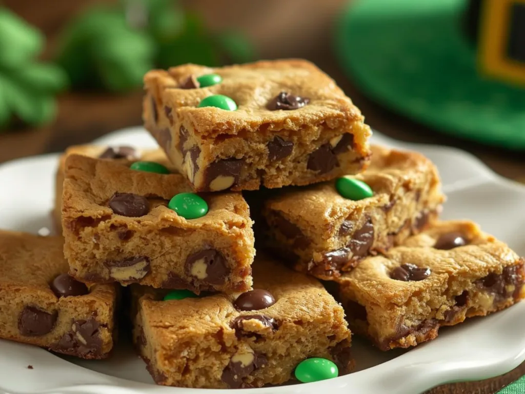 A child reaching for a St. Patrick’s Day Chocolate Chip Cookie Bar on a plate.