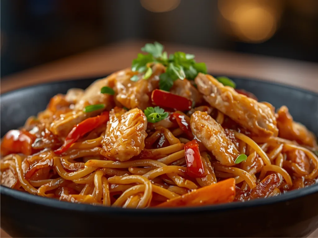 Close up of chicken stir fry noodles in sweet chili sauce.