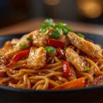 Close up of chicken stir fry noodles in sweet chili sauce.
