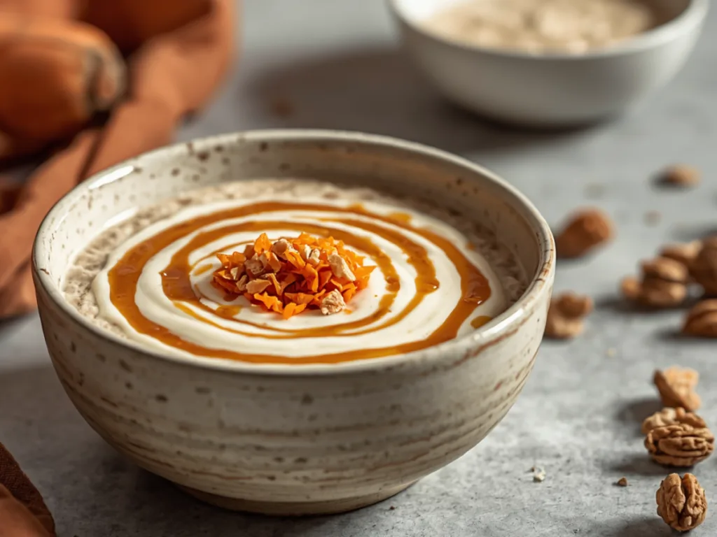 Grated carrots, oats, cinnamon, and milk on a wooden table.