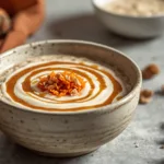 Grated carrots, oats, cinnamon, and milk on a wooden table.