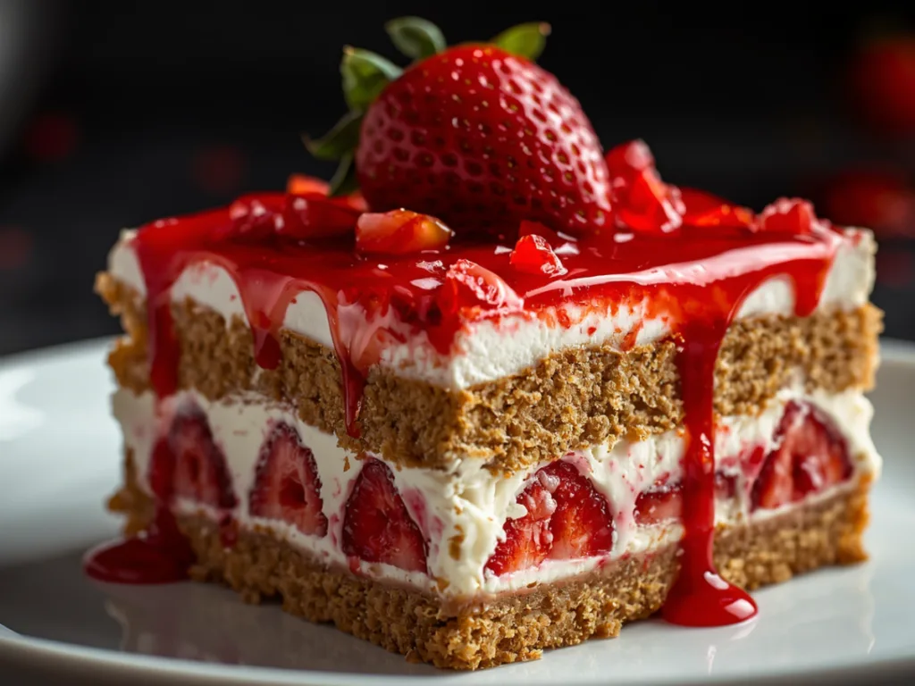 Someone taking a forkful of creamy no-bake strawberry cheesecake lasagna.