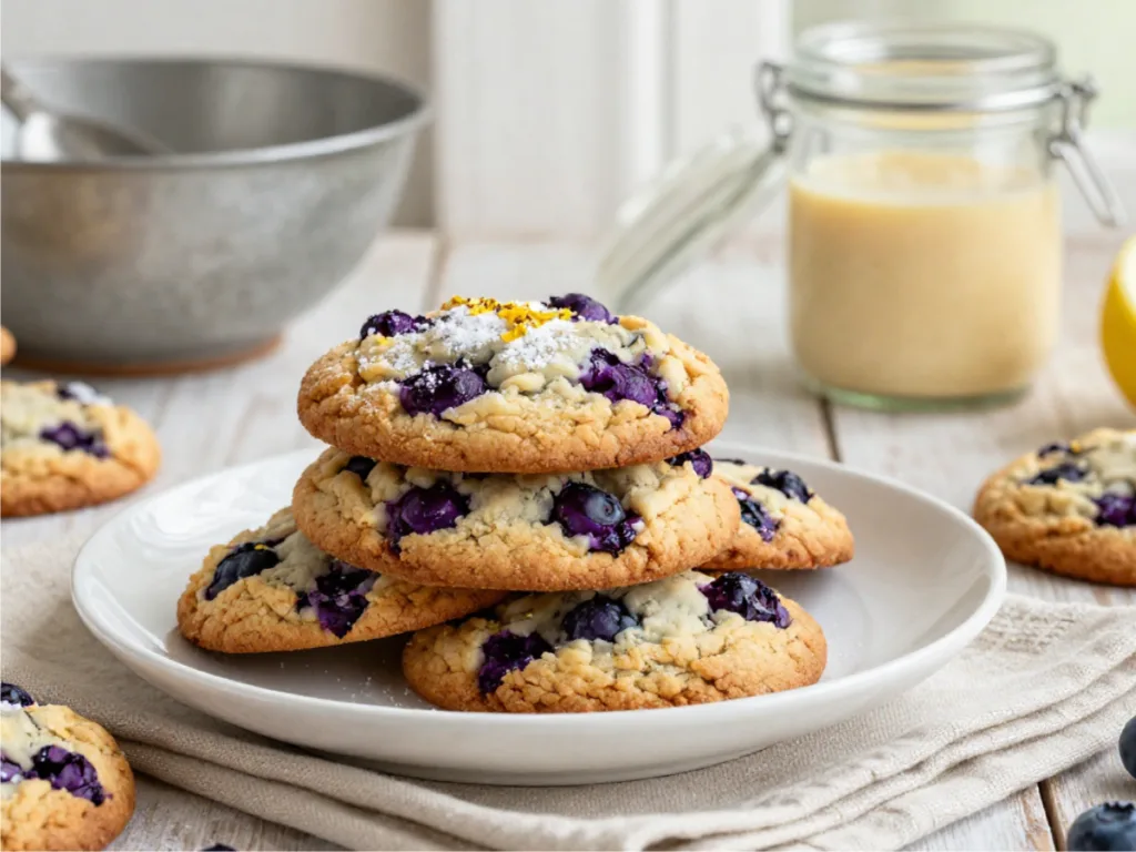 Lemon blueberry sourdough cookies in a kitchen.
