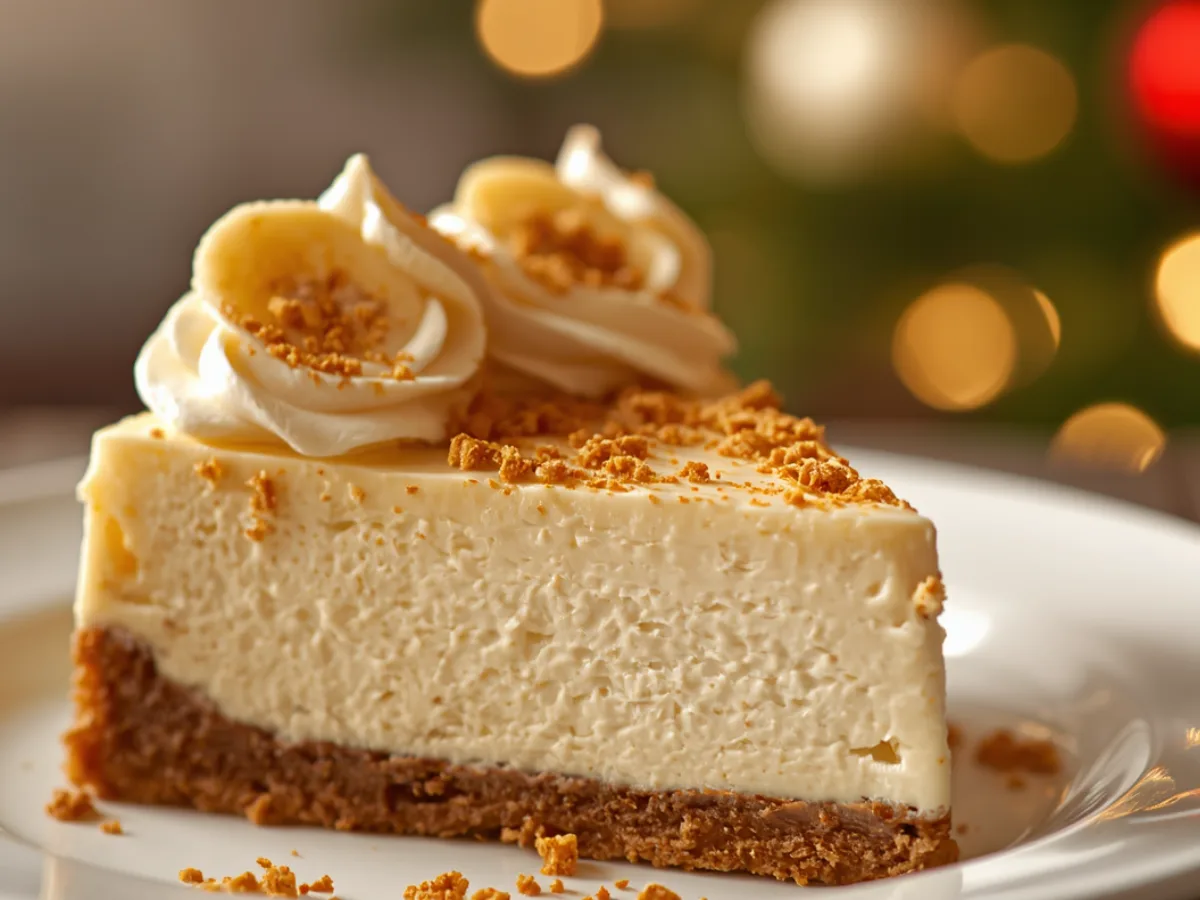 A whole banana cream cheesecake topped with whipped cream and banana slices.