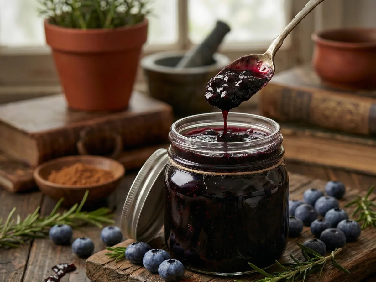 Close up of dark blueberry jam in a jar