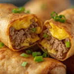 Golden brown Breakfast Egg Rolls served on a white ceramic plate with a side of dipping sauce.