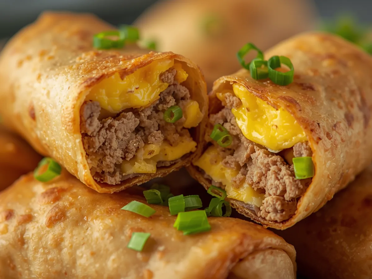 Golden brown Breakfast Egg Rolls served on a white ceramic plate with a side of dipping sauce.