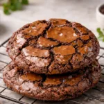 A stack of brownie cookies showing the shiny crackled tops.