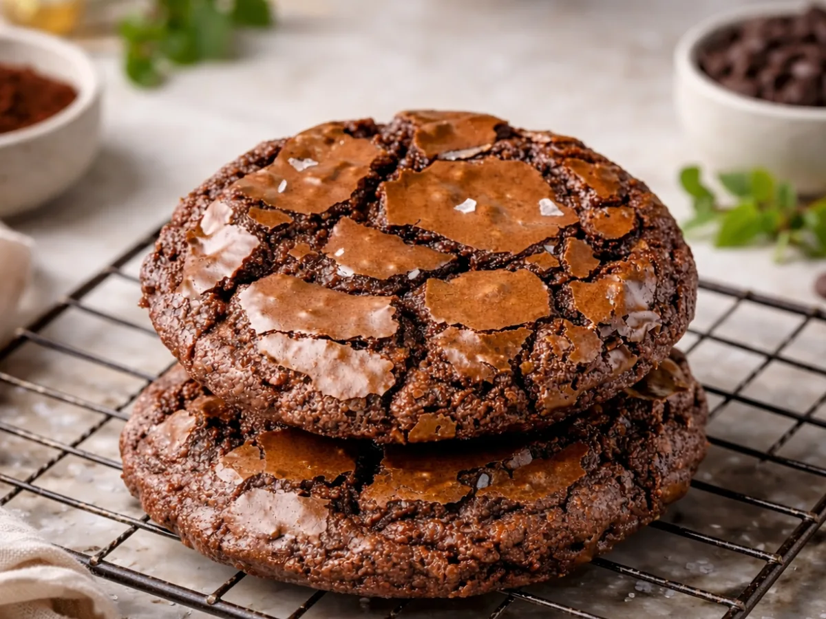 A stack of brownie cookies showing the shiny crackled tops.