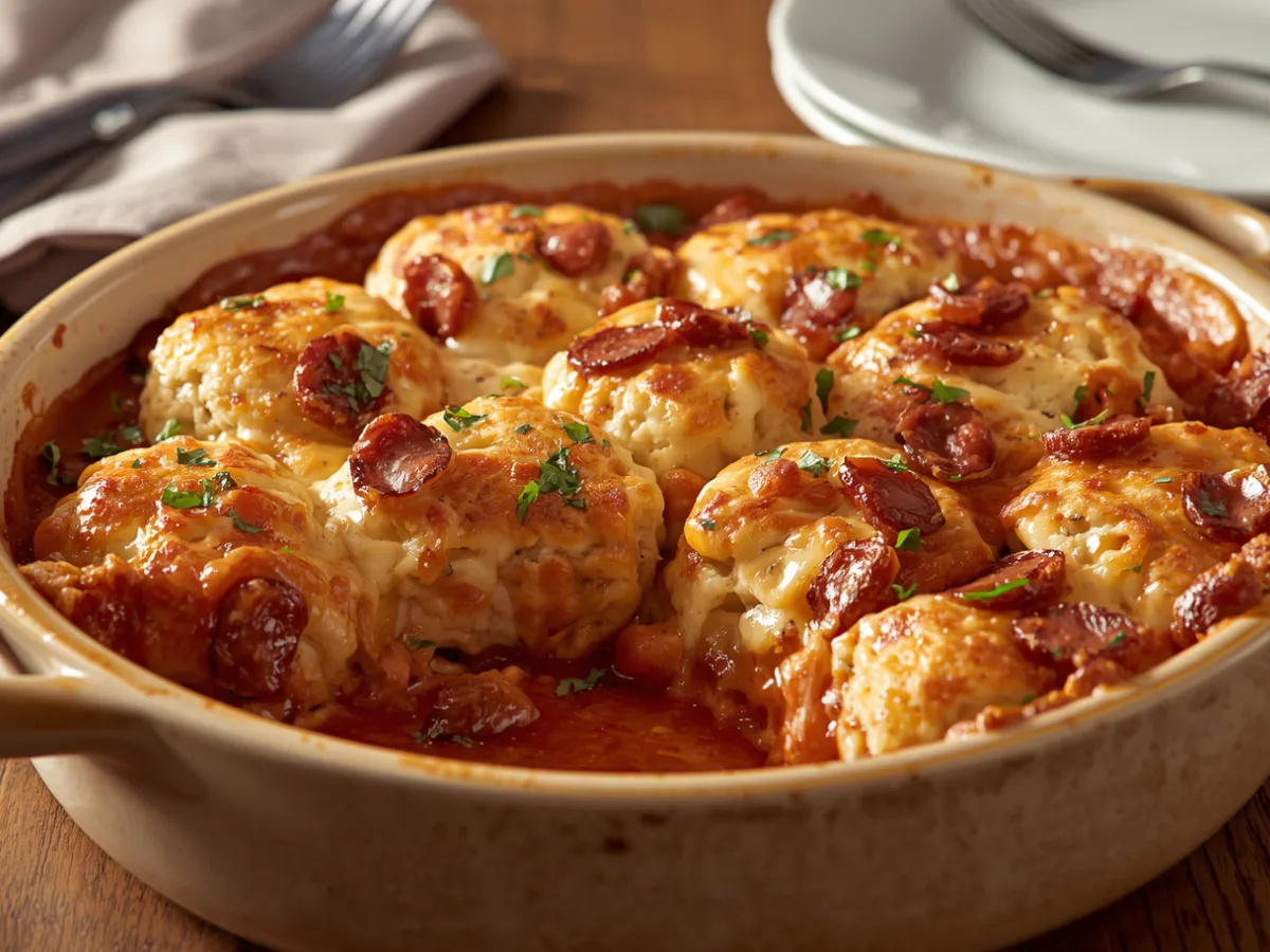 Bubble Up Biscuit Pizza Casserole with pepperoni.