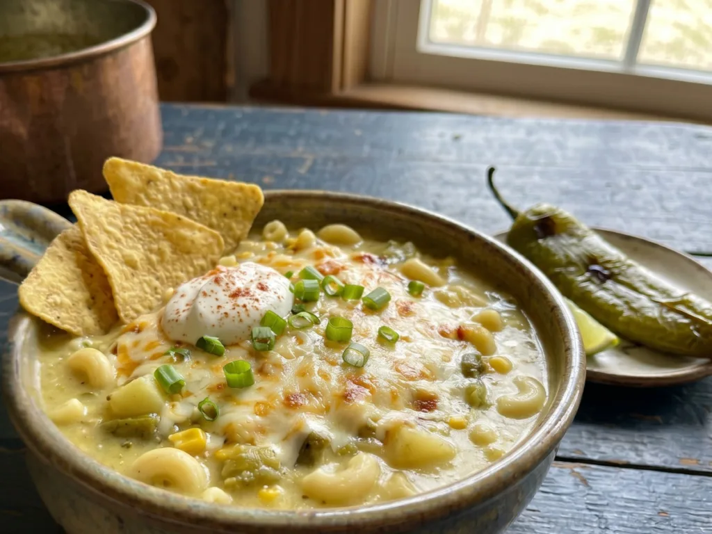 Top-down view of Cheesy Green Chile Soup with Macaroni served in a ceramic bowl on a wooden table.