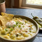 Top-down view of Cheesy Green Chile Soup with Macaroni served in a ceramic bowl on a wooden table.