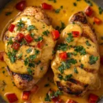 Golden pan-seared chicken with cheese sauce in a cast iron skillet.