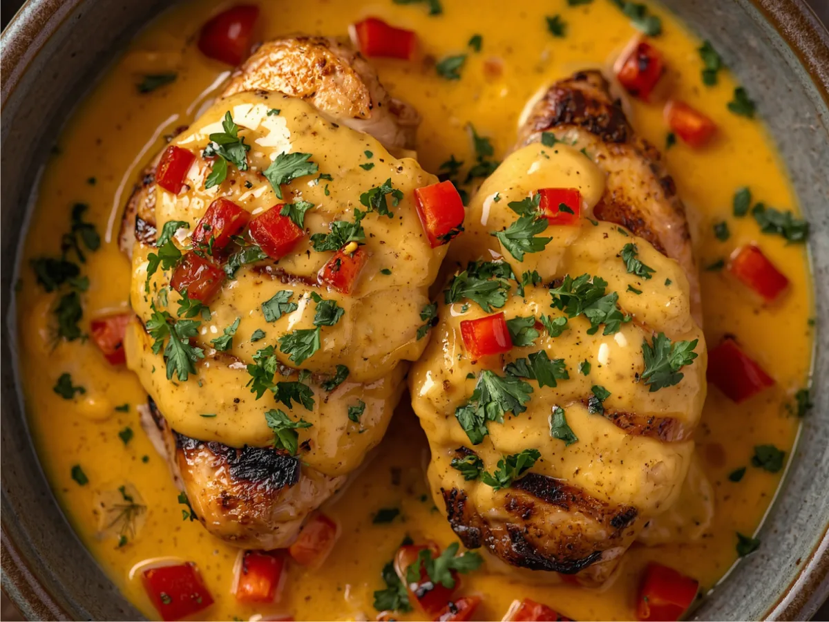 Golden pan-seared chicken with cheese sauce in a cast iron skillet.