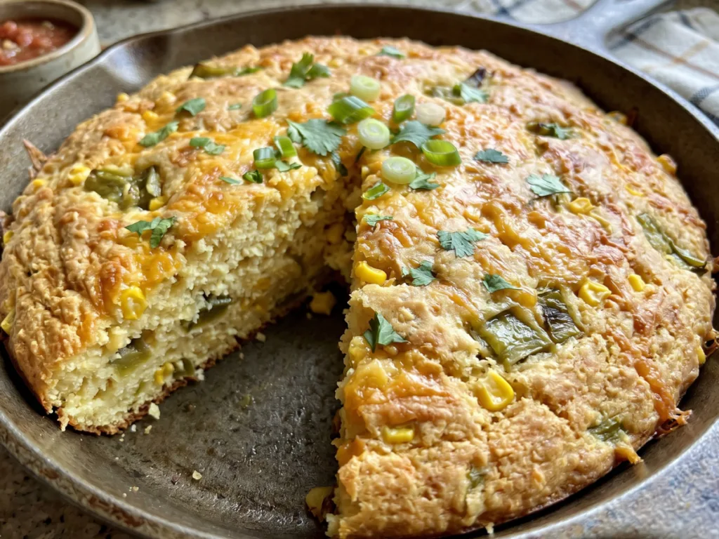 Vertical close-up shot of a wedge of Chiles Rellenos Cornbread with gooey cheese and green chiles.