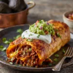 Golden crispy beef chimichanga with guacamole and sour cream