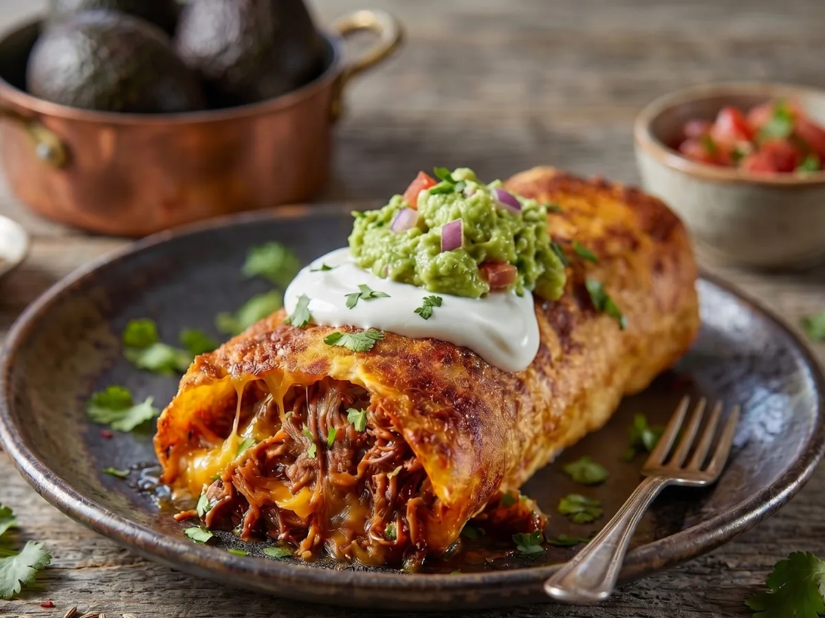 Golden crispy beef chimichanga with guacamole and sour cream