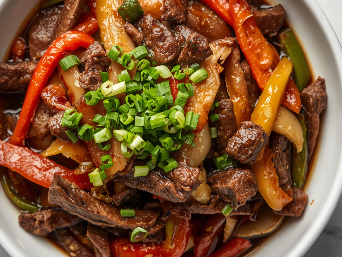 Sizzling Chinese beef and onion stir fry in a wok