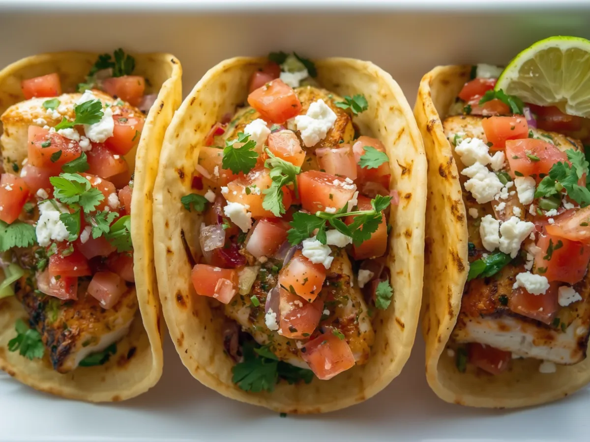 Close-up of Cilantro Lime Grilled Chicken Tacos with fresh cilantro, a lime wedge, and zesty chicken seasoning on corn tortillas.
