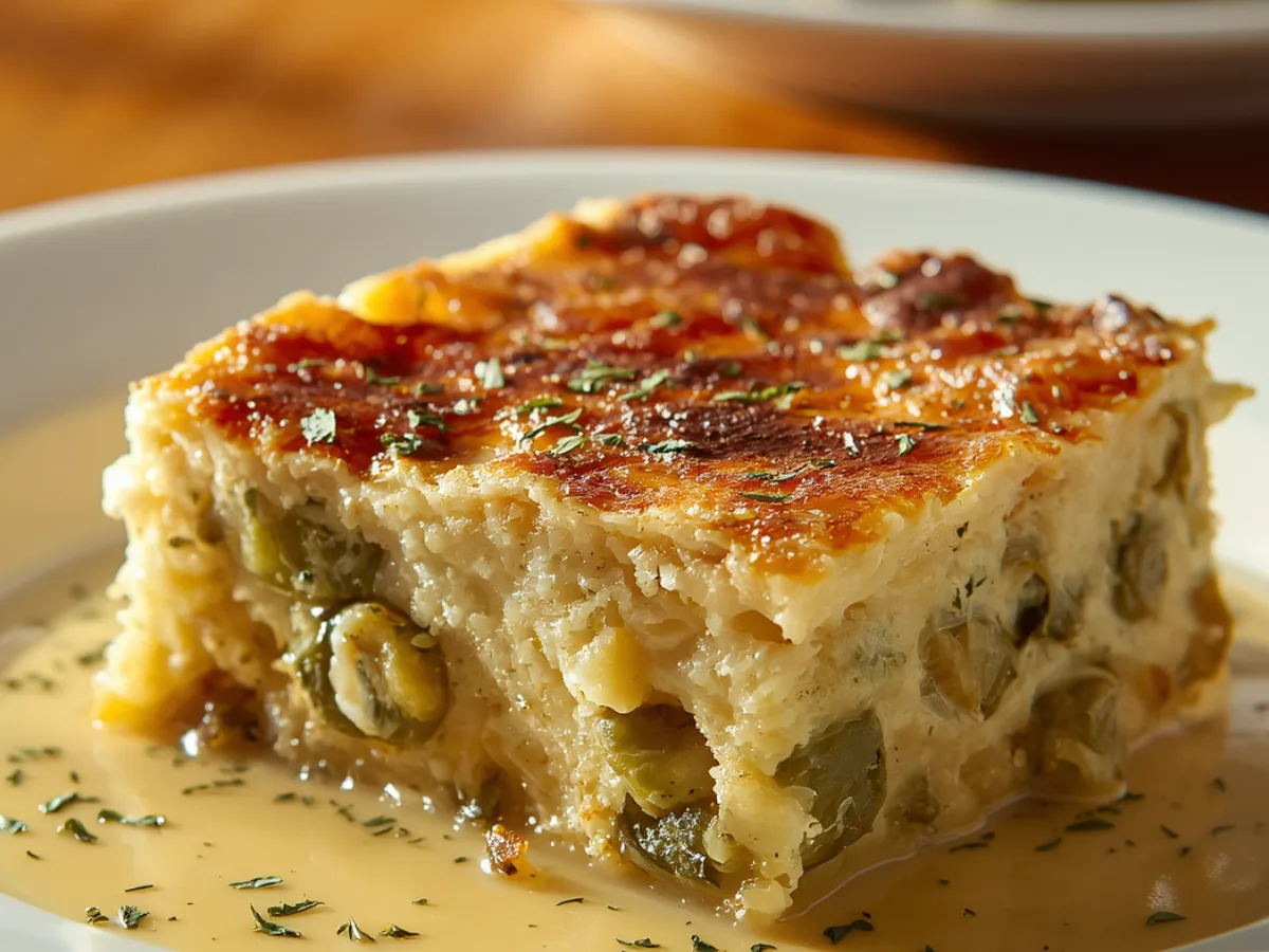 Close-up of a square slice of Creamy Chile Relleno Casserole on a rustic wooden table.