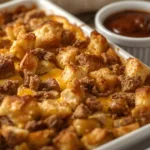 A golden brown croissant bake breakfast casserole in a white ceramic baking dish.