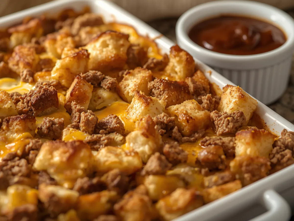 A golden brown croissant bake breakfast casserole in a white ceramic baking dish.