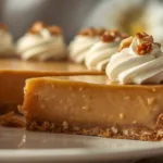 A beautiful slice of dolly parton’s butterscotch pie on a vintage plate.