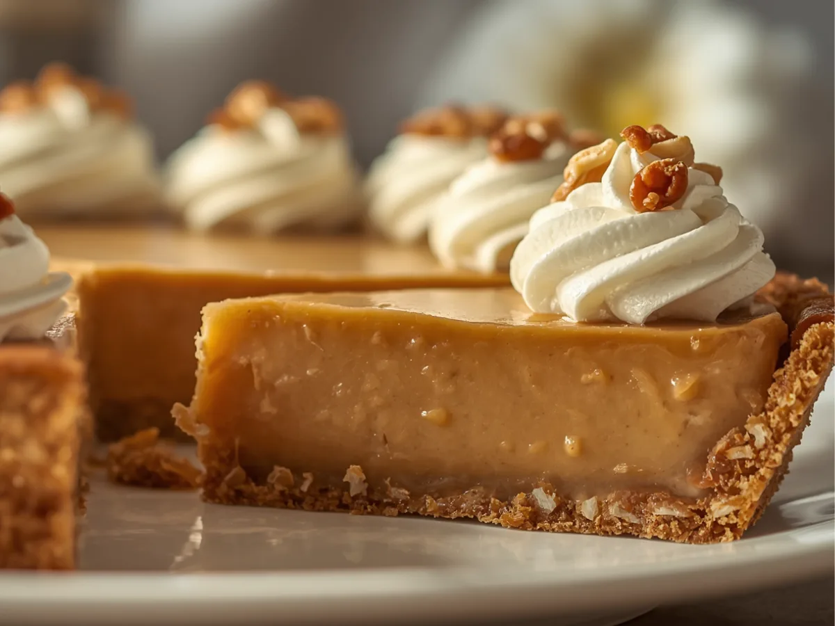 A beautiful slice of dolly parton’s butterscotch pie on a vintage plate.