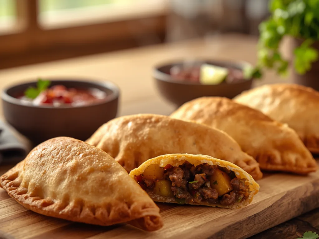 Golden baked Empanadas Mexicanas with dipping sauce.