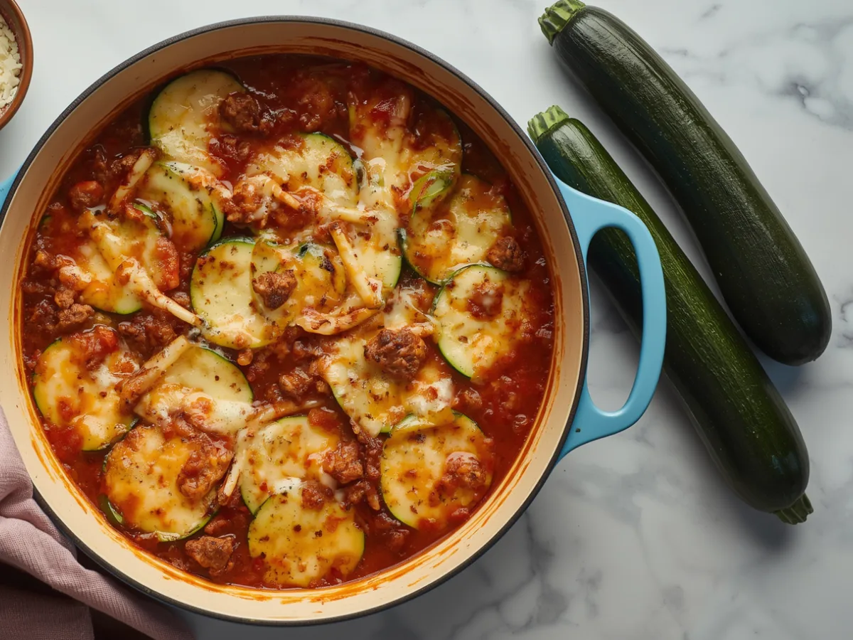 Gluten-Free Zucchini Hamburger Casserole with bubbly cheese and fresh herbs.