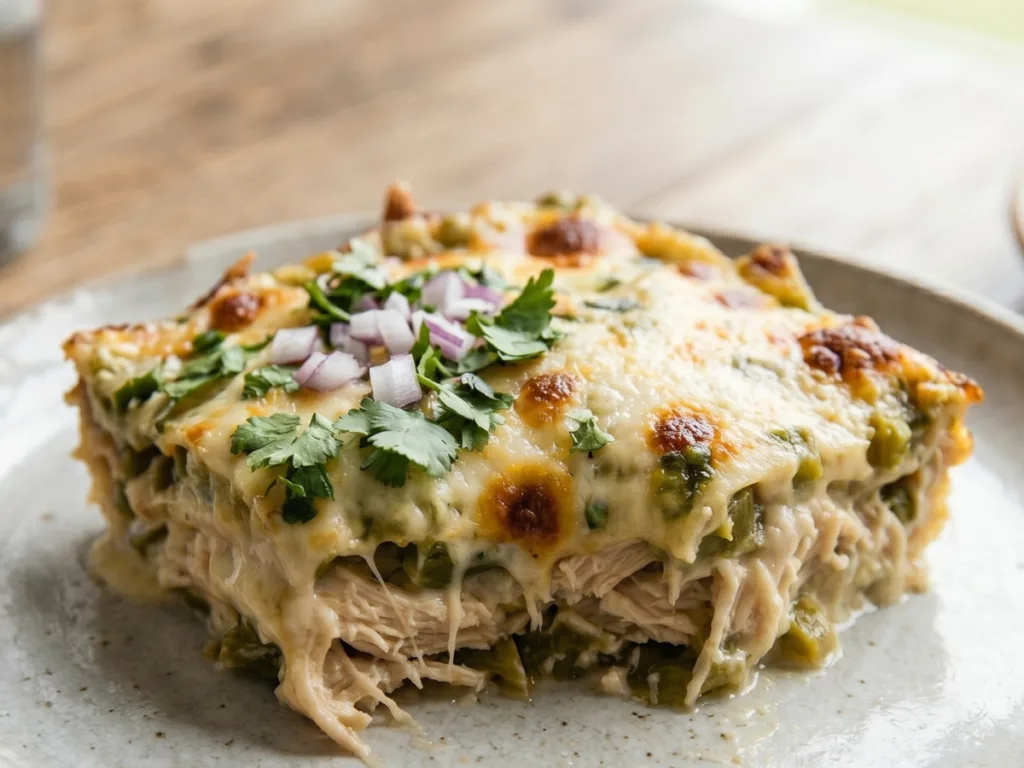 A spatula lifting a creamy serving of green chile chicken casserole with cheese pulling.
