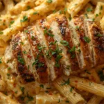 A bowl of grilled chicken penne pasta with creamy sauce topped with parsley.