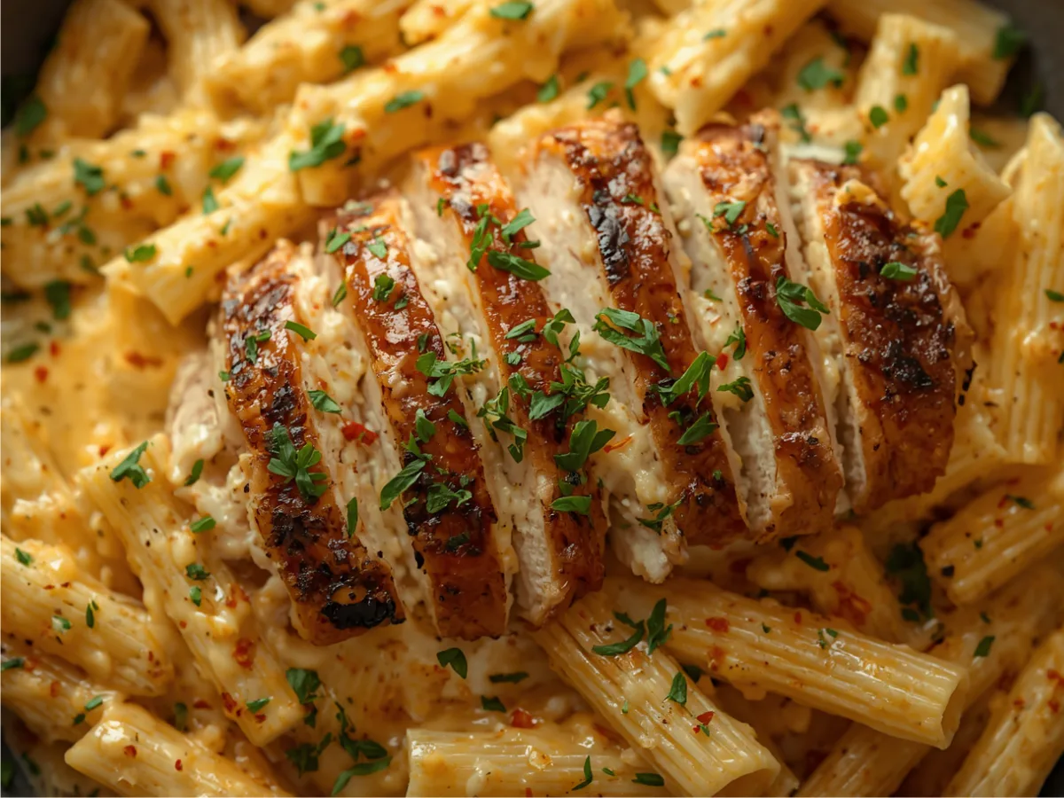 A bowl of grilled chicken penne pasta with creamy sauce topped with parsley.