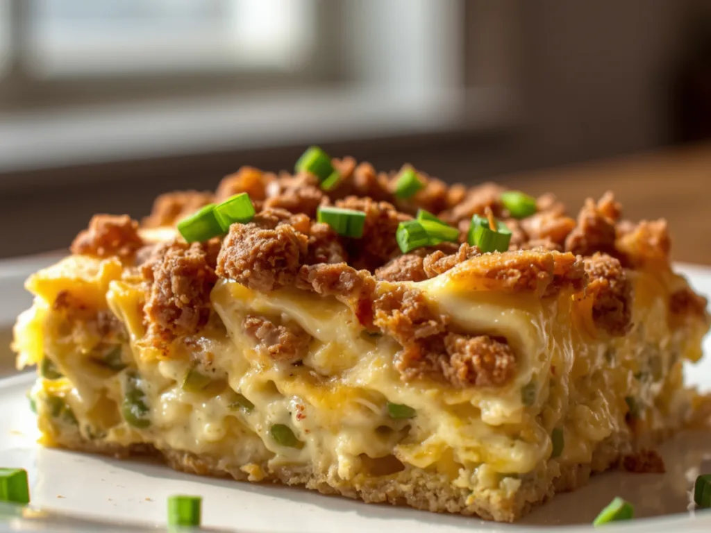 A close-up slice of cheesy hash brown breakfast casserole on a white plate.