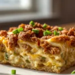 A close-up slice of cheesy hash brown breakfast casserole on a white plate.
