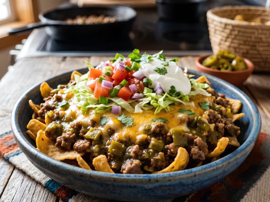 A close-up shot of Hatch Green Chile Frito Pie topped with melted cheese and jalapeños.