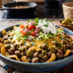 A close-up shot of Hatch Green Chile Frito Pie topped with melted cheese and jalapeños.