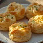 A stack of three fluffy high protein breakfast biscuits on a wooden board.