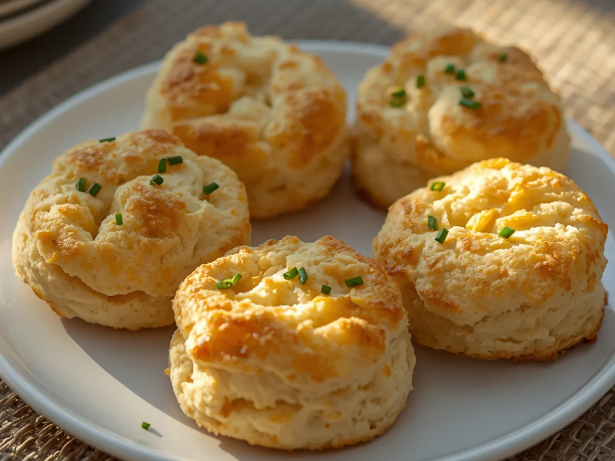 A stack of three fluffy high protein breakfast biscuits on a wooden board.