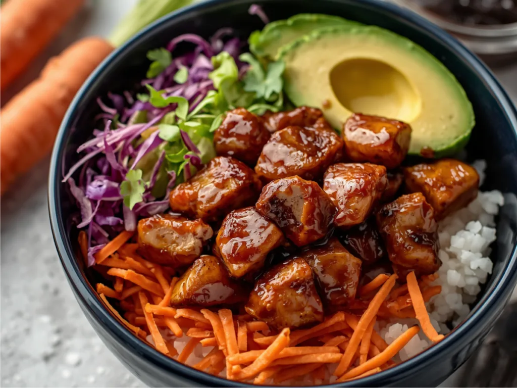 Homemade BBQ Chicken Rice Bowls with fresh parsley.