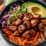 Homemade BBQ Chicken Rice Bowls with fresh parsley.