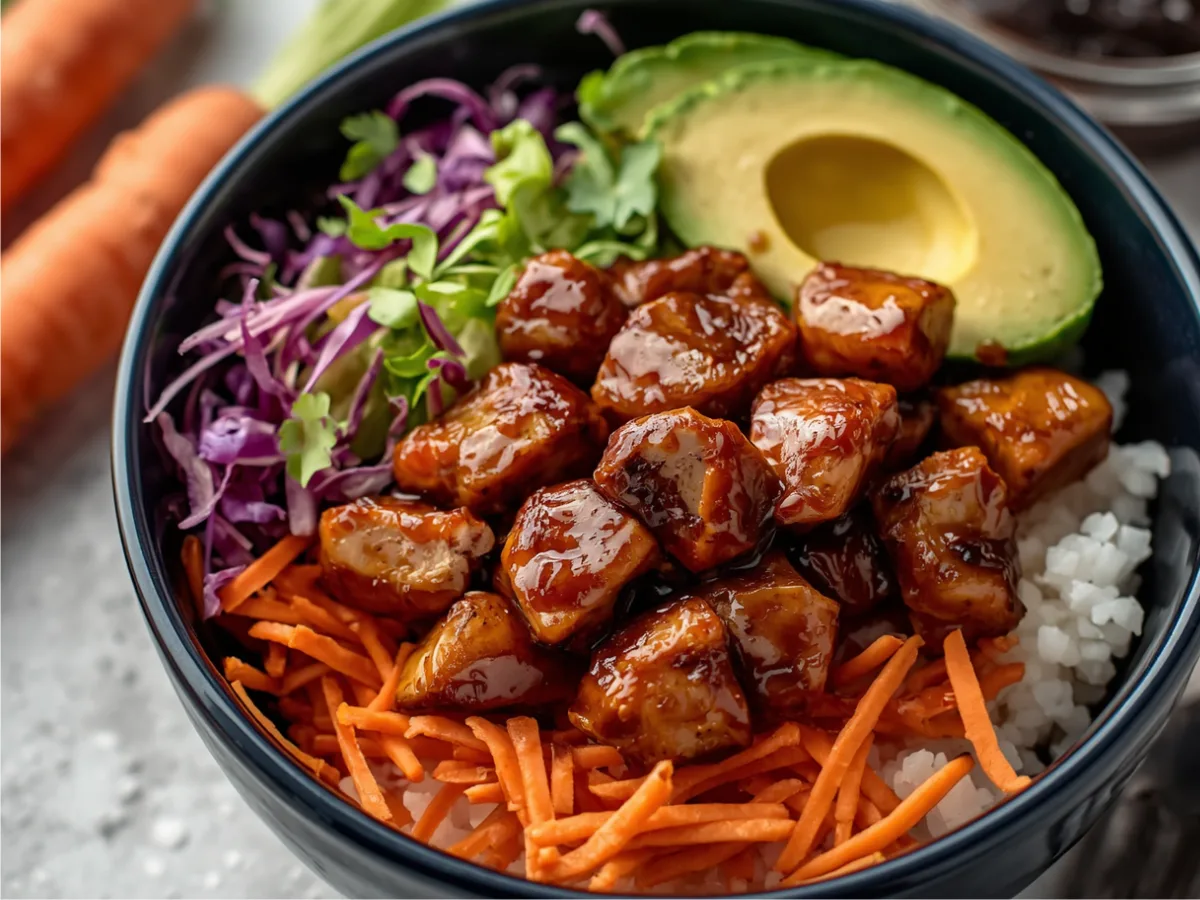 Homemade BBQ Chicken Rice Bowls with fresh parsley.