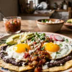 A plate of authentic Huevos Rancheros with runny eggs, red salsa, and avocado.