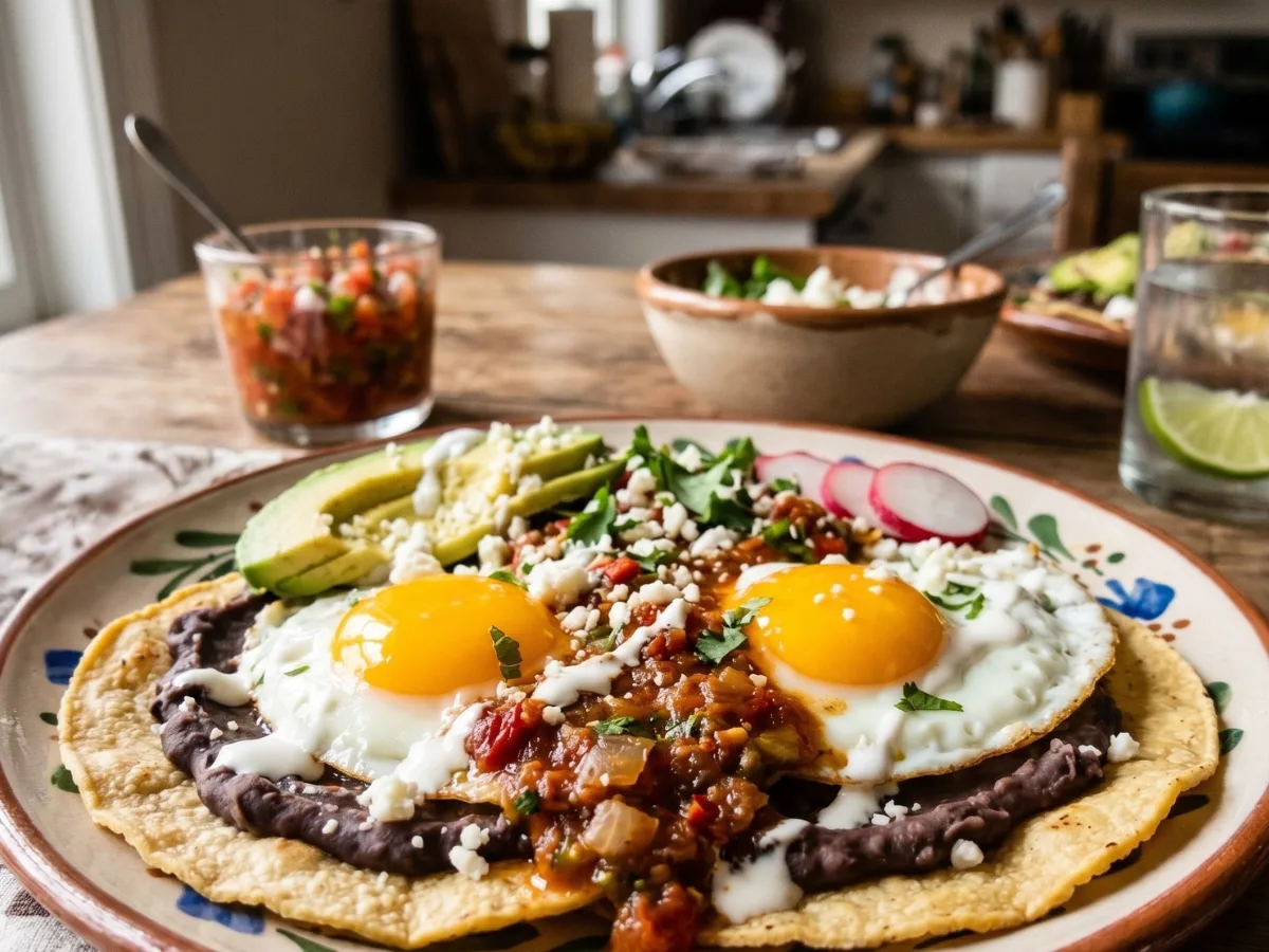 A plate of authentic Huevos Rancheros with runny eggs, red salsa, and avocado.