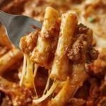 Lifting a spoonful of an irresistible easy baked ziti recipe to show the cheese pull. Image Title: cheesy-lift-baked-ziti